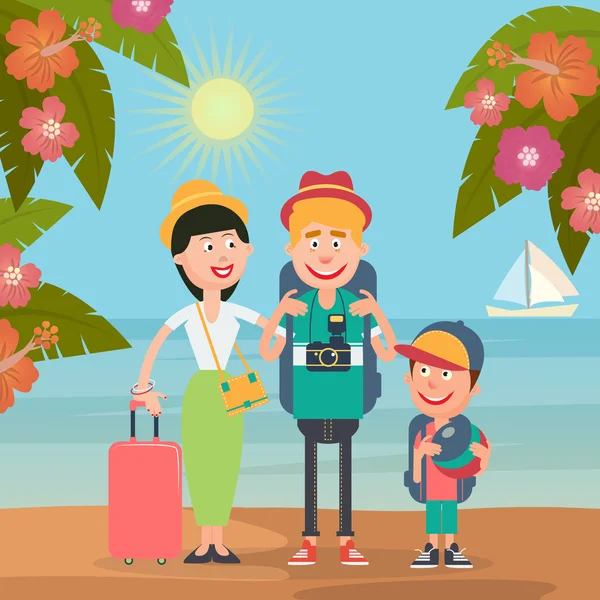 Familia feliz en viaje en avión. Familia joven en las vacaciones tropicales — Archivo Imágenes Vectoriales