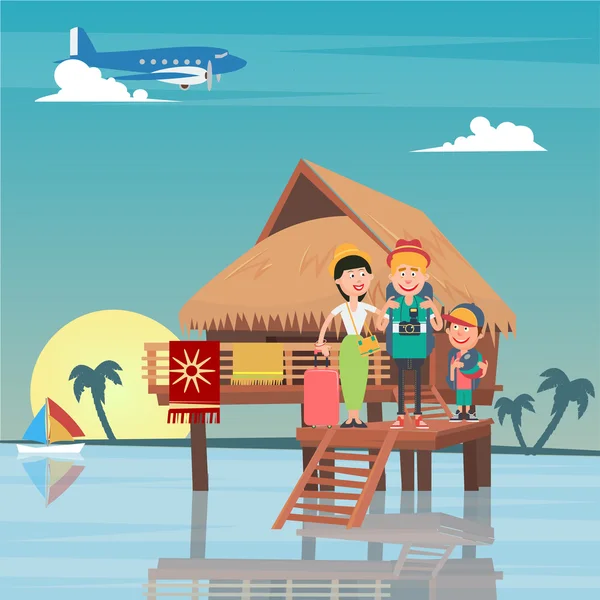 Happy Family on Travel by Airplane. Young Family on the Tropical Vacation — Stock Vector