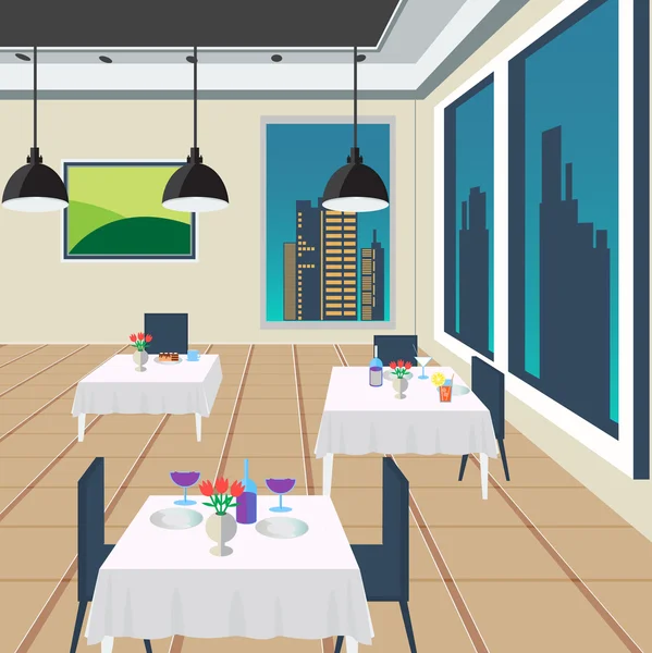 Restaurante Interior con mesas y comidas — Vector de stock