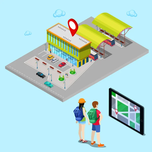 Búsqueda turística Estación de autobuses con ayuda de la navegación móvil en la tableta. Ciudad isométrica — Vector de stock