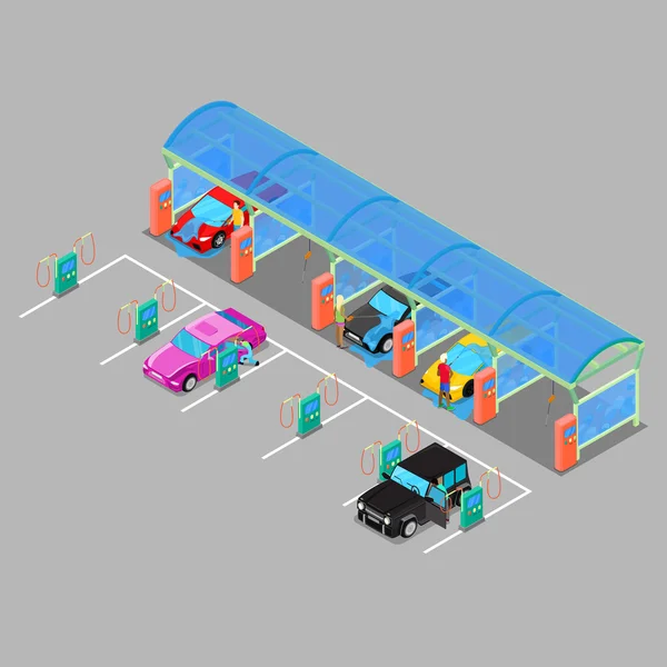 Isometric lavage de voiture à la main avec des aspirateurs. Chauffeur Lavage de voiture — Image vectorielle