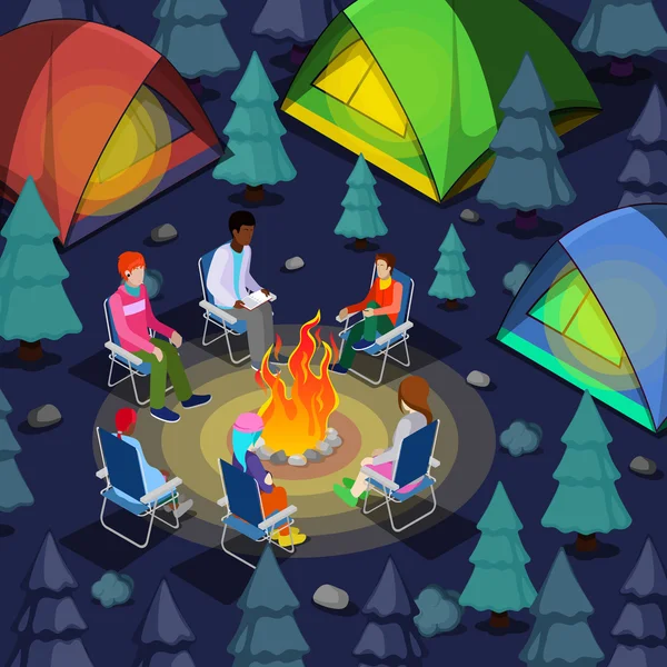 Ισομετρικά άτομα που κάθονται κοντά στο Camping φωτιά στο δάσος — Διανυσματικό Αρχείο
