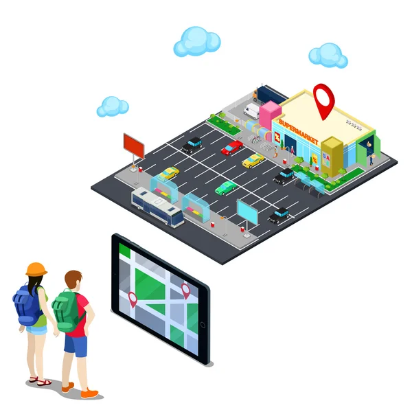 Isometric Mobile Navigation. Wisatawan Mencari Supermarket di Kota - Stok Vektor