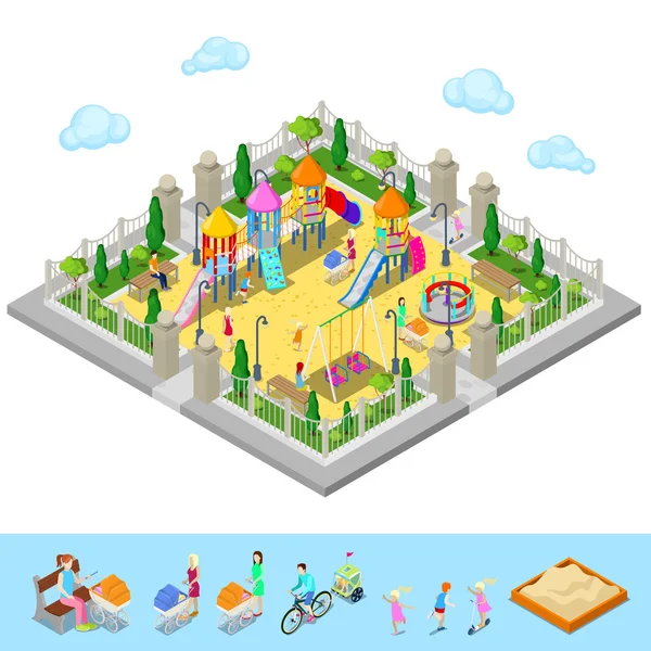 Parque infantil isométrico en el parque con personas, dulces, carrusel, tobogán y caja de arena — Vector de stock