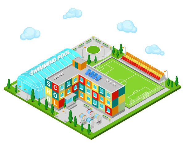 Isometric City. School Building with Swimming Pool and Football Ground — Stock Vector