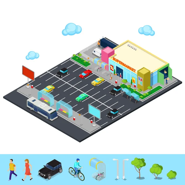 Isometrische Stadt. Supermarktgebäude mit Parkplatz, Bushaltestelle und Fahrradabstellplätzen — Stockvektor