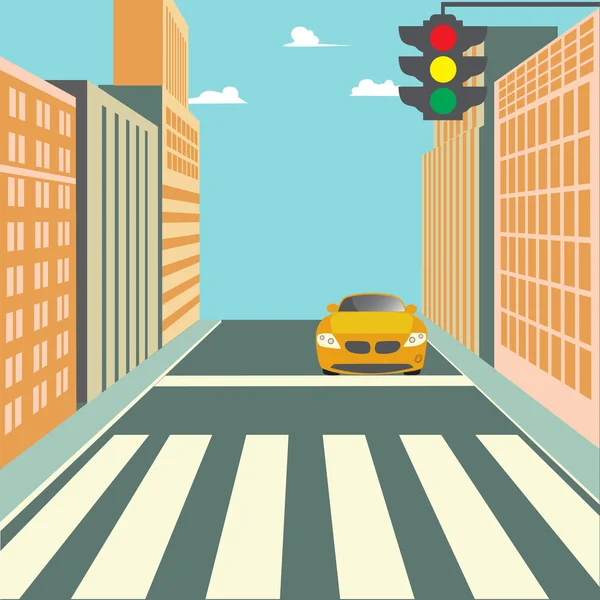 City Street with Buildings, Traffic Light, Crosswalk and Car — Stock Vector