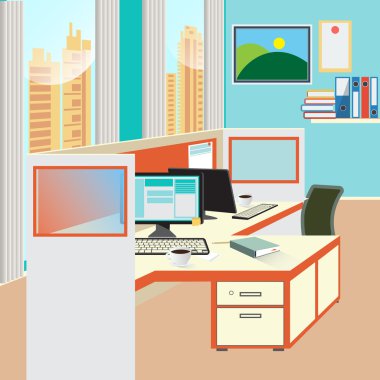 Bilgisayar ve Kağıt Belgelerle Ofis Çalışma Yeri. Vektör Arka Planı