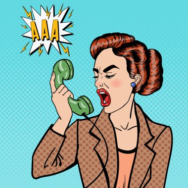 Aggressive Business Woman Screaming into the Phone. Pop Art. Vector illustration clipart
