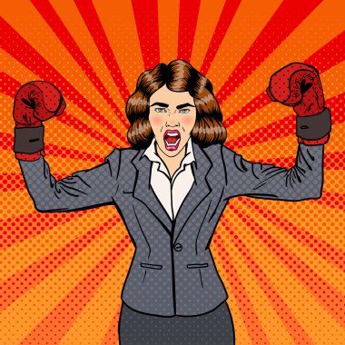 Boks Eldivenİşli İş Kadını İş Hayatında Başarıyı Kutluyor. Pop Art. Vektör çizimi