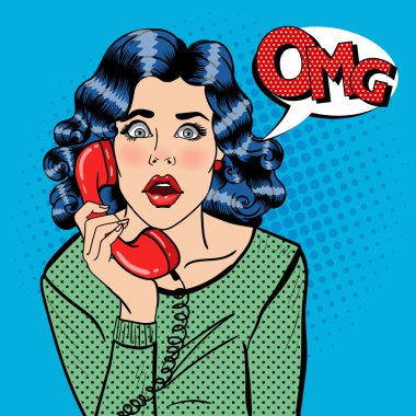 Shocked Young Woman Talking on the Phone. Pop Art. Vector illustration clipart