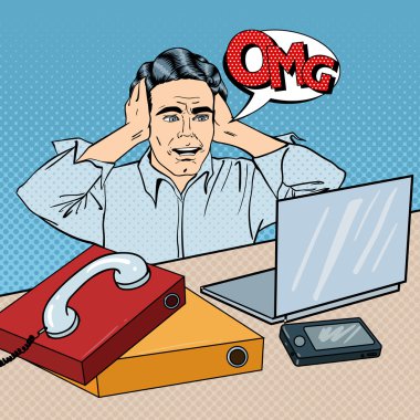 İşadamı Office iş yeri telefonu ve Laptop üzerinde vurguladı. Pop Art. Vektör çizim