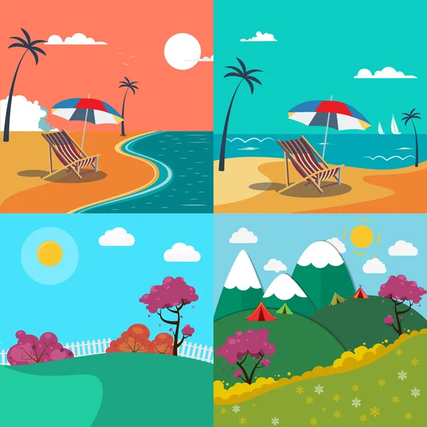 Conjunto de paisajes de verano. Paisaje marino con palmeras. Paisaje de montaña. Fondo vectorial — Vector de stock