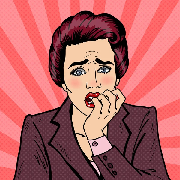 Mujer de negocios nerviosa mordiéndose los dedos. Arte Pop. Ilustración vectorial — Vector de stock