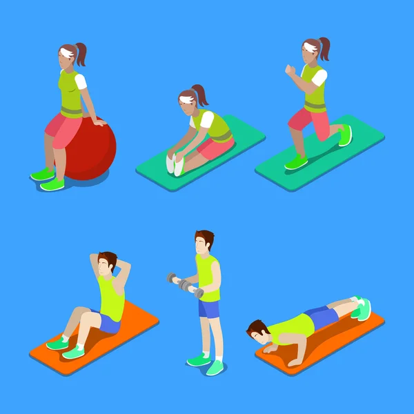 Gente isométrica. Hombre y mujer haciendo ejercicio en el gimnasio. Ilustración vectorial — Vector de stock