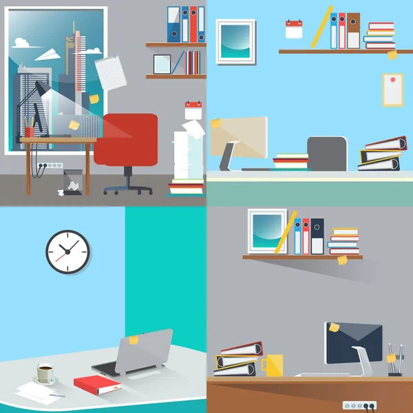 Business Interior Set. Office Work Place with Computer and Paper Documents. Vector Background — Stock Vector