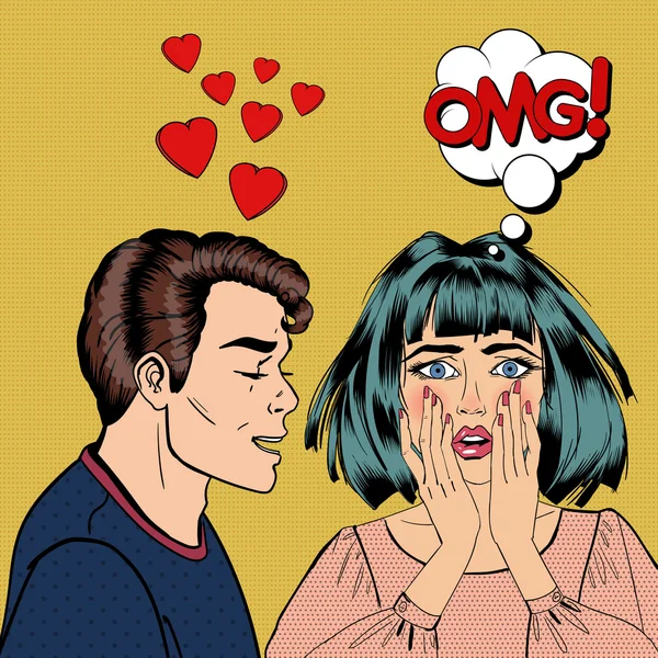 Mann gesteht seiner schockierten Freundin seine Liebe Pop-Art. Vektorillustration — Stockvektor