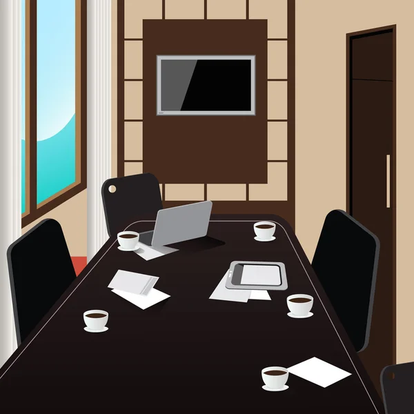 Interior de la sala de conferencias con mesa, tableta y ordenador portátil. Ilustración vectorial — Archivo Imágenes Vectoriales
