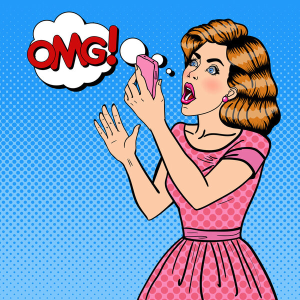 Shocked Young Blond Woman Holding Mobile Phone. Pop Art. Vector illustration