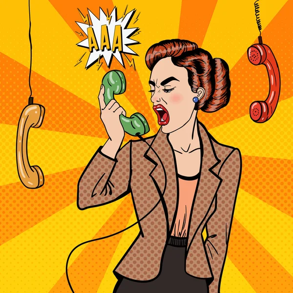 Επιθετικές εμπορικές γυναίκα ουρλιάζοντας στο τηλέφωνο. Pop Art. Vector εικονογράφηση — Διανυσματικό Αρχείο