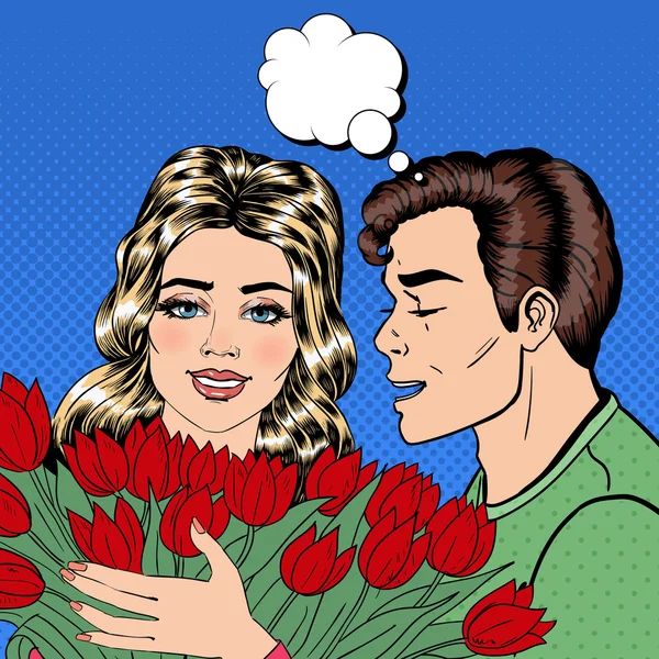 Uomo Dare fiori alla sua ragazza e sussurrare nel suo orecchio. Coppia felice. Pop Art. Illustrazione vettoriale — Vettoriale Stock