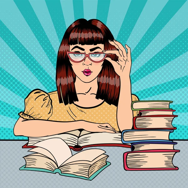 Mooie vrouwelijke student het lezen van boeken in de bibliotheek. Pop art. Vector illustratie — Stockvector