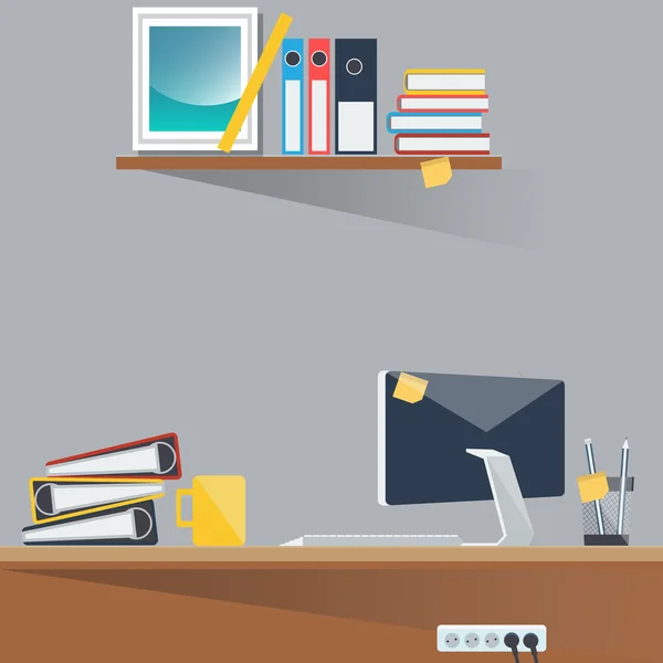 Office Work Place with Computer and Paper Documents. Vector Background — Stock Vector