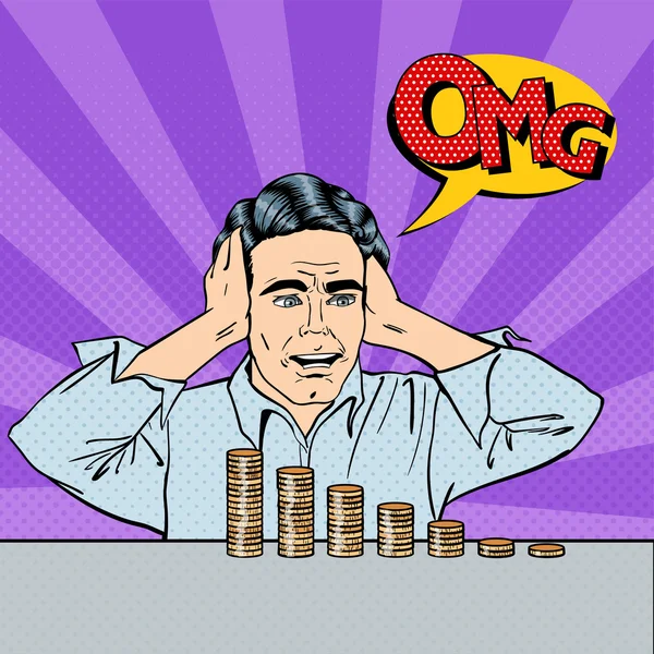 Empresario estresado mirando su último dinero. Arte Pop. Ilustración vectorial — Vector de stock