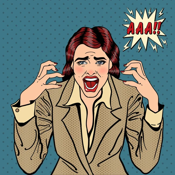 Femme d'affaires stressée frustrée criant. Pop Art. Illustration vectorielle — Image vectorielle