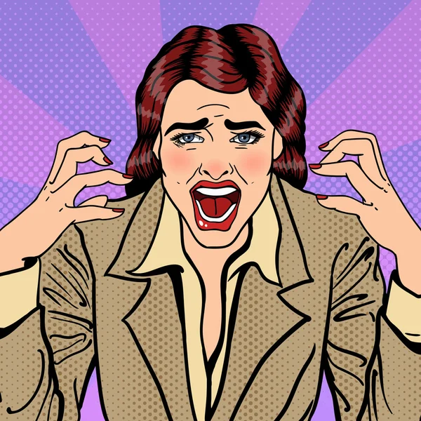 Mujer de negocios estresada frustrada gritando. Arte Pop. Ilustración vectorial — Archivo Imágenes Vectoriales