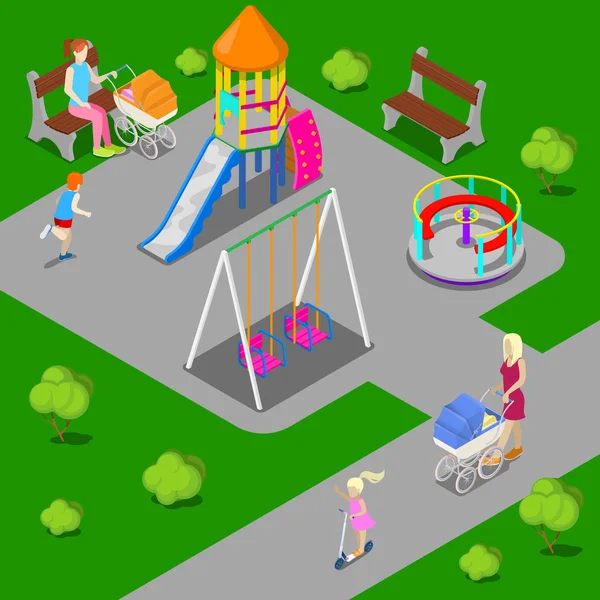 Aire de jeux pour enfants isométriques dans le parc avec des gens, des sweengs, des carrousels et des toboggans. Illustration vectorielle — Image vectorielle