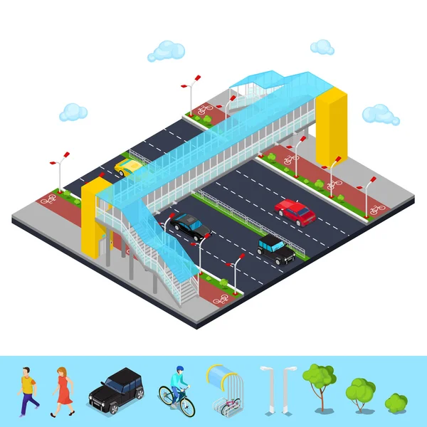 Ciudad Isométrica. City Road con puente peatonal y carril bici. Ilustración vectorial — Vector de stock