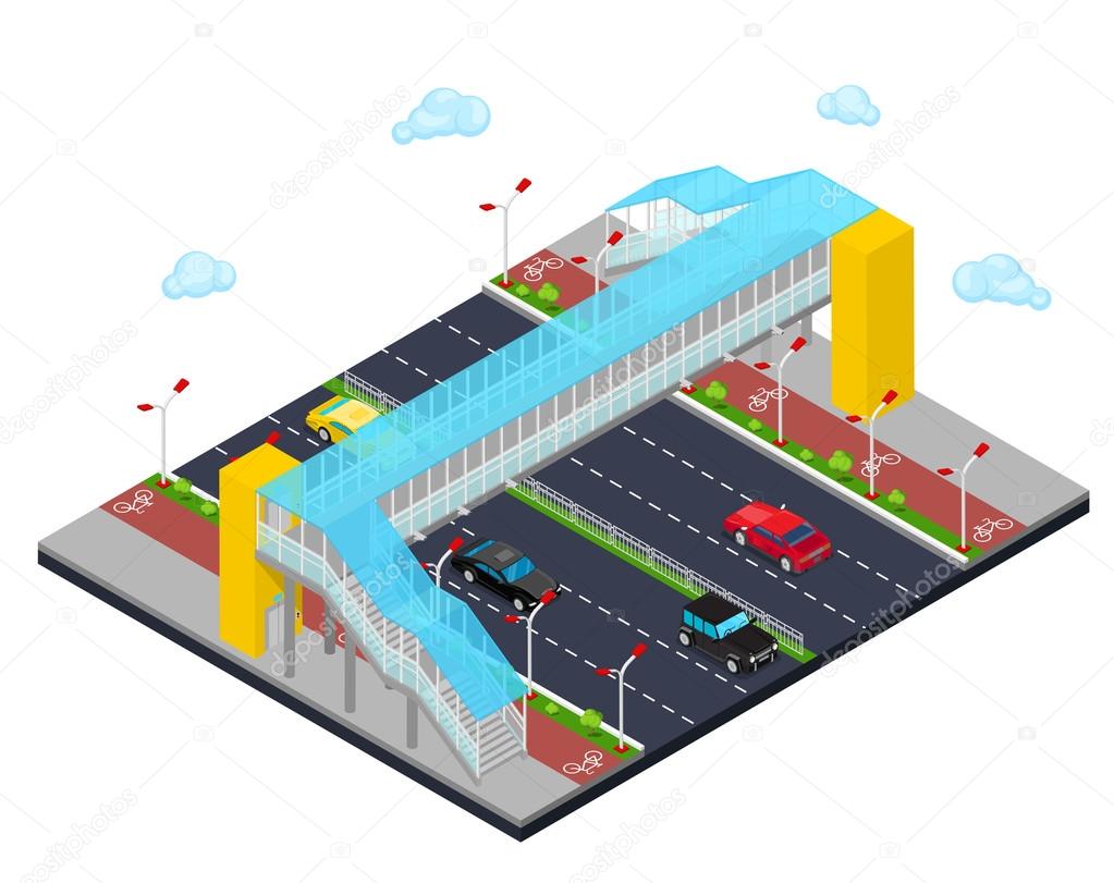 Isometric City Road with Pedestrian Bridge and Bicycle Path
