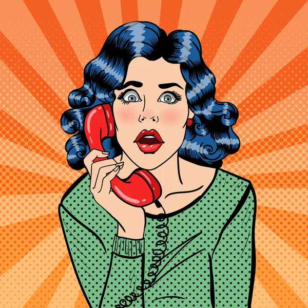 Geschokt jonge vrouw praten over de telefoon. Pop-Art. Vectorillustratie — Stockvector