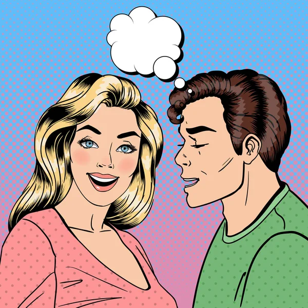 Homme chuchotant secret à sa petite amie. Joyeux Couple. Pop Art. Illustration vectorielle — Image vectorielle
