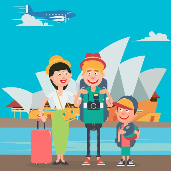 幸せな家族がオーストラリアに飛行機での旅行します。オペラ建物と息子と父、母 — ストックベクタ