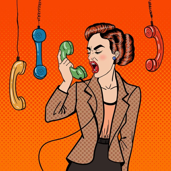 Επιχειρήσεων γυναίκα ουρλιάζοντας στο τηλέφωνο. Ποπ Αρτ — Διανυσματικό Αρχείο