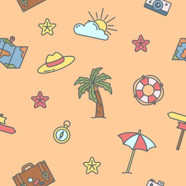 Yaz zamanı. Palmiye Ağacı ve Haritası ile Deniz Tatili Dikişsiz Desen