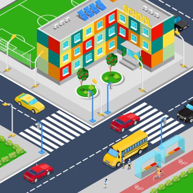 Isometric City School Building with Football Playground School Bus and Scholars vector Isometric City School Building with Football Playground School Bus and Scholars vector