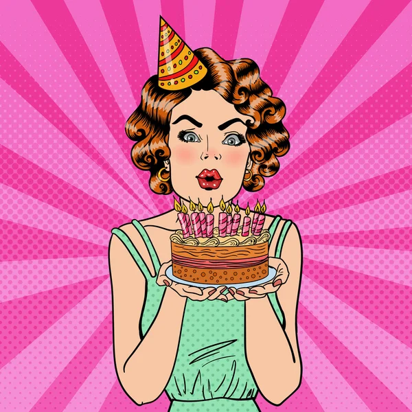 Jolie fille heureuse soufflant des bougies sur le gâteau d'anniversaire. Pop Art — Image vectorielle