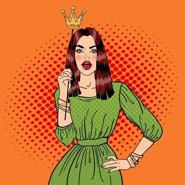 Jeune jolie femme posant avec Photo Booth Crown. Pop Art — Image vectorielle