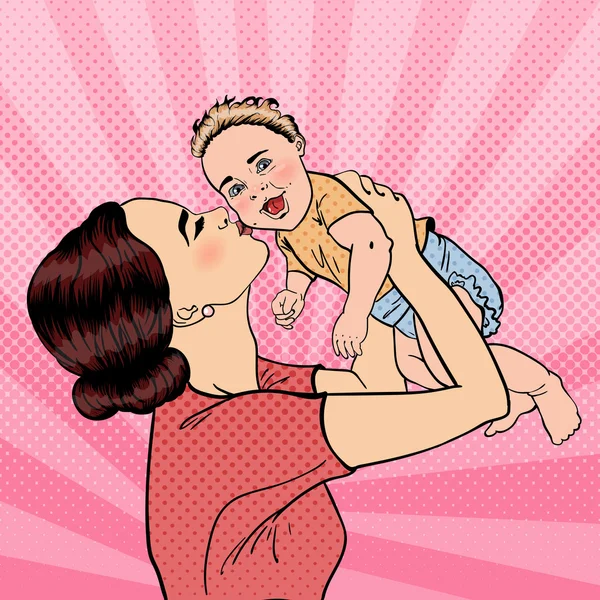 Gelukkige moeder zoenen haar lachende baby jongen. Popart — Stockvector