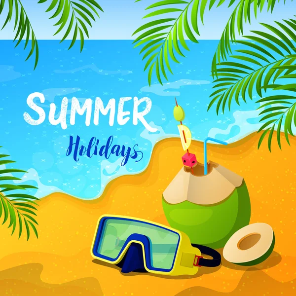 Актуальность летних каникул с тропическим морем и пальмовыми листьями — стоковый вектор