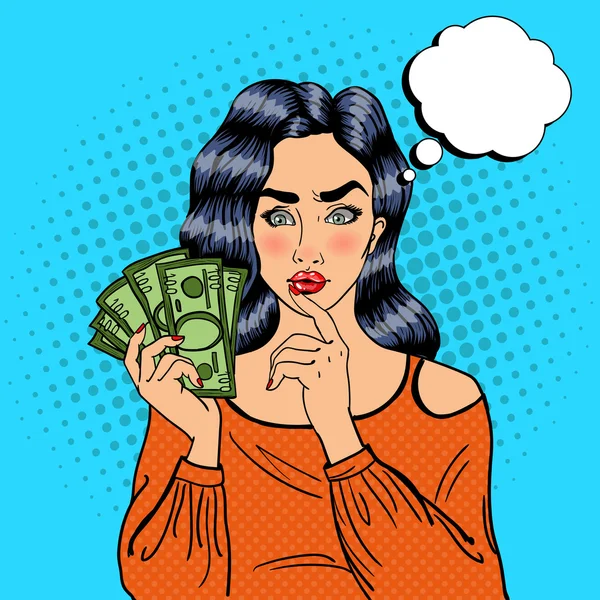 Young Pretty Woman with Money. Girl Thinking How to Spend Money. Pop Art — Διανυσματικό Αρχείο