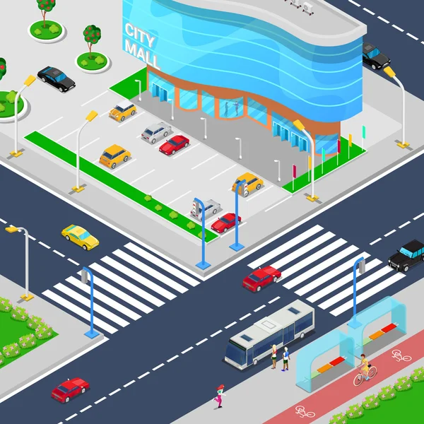 Isometric City Mall. Modern winkelcentrum gebouw met parkeer zone — Stockvector