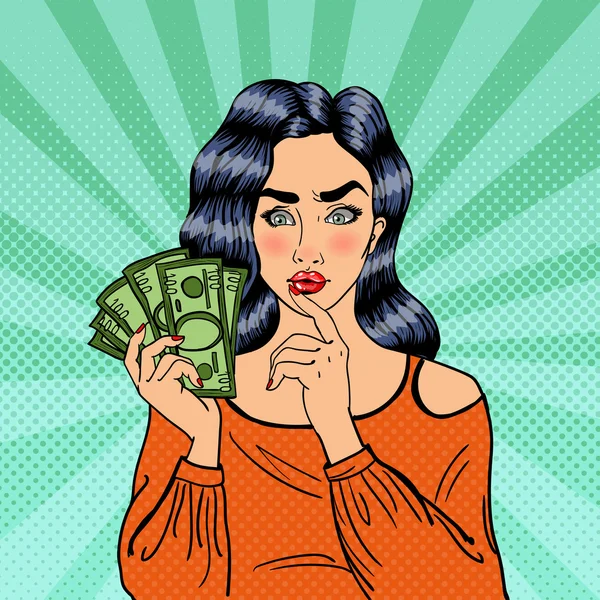 Mujer bonita y joven con dinero. Chica pensando cómo gastar dinero. Arte pop — Vector de stock