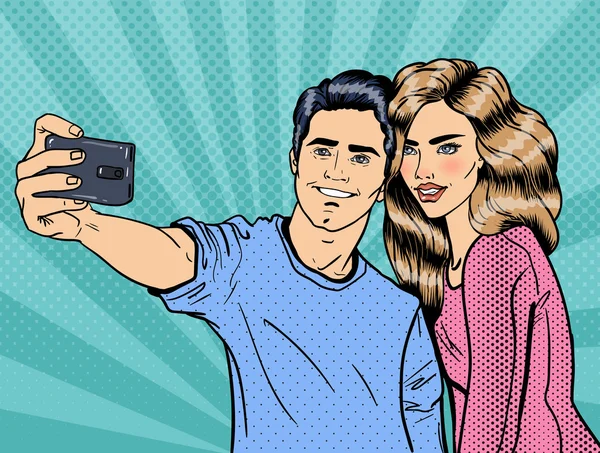 Young Loving Cuplu Efectuarea selfie pe smartphone. Pop Art — Vector de stoc
