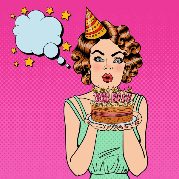 Довольно счастливая девушка, дующая свечами в день рождения торт и загадывающая желание. Поп-арт — стоковый вектор