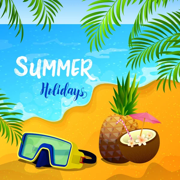 Summer Holidays Background with Tropical Seascape and Palm Leaves — Stock Vector