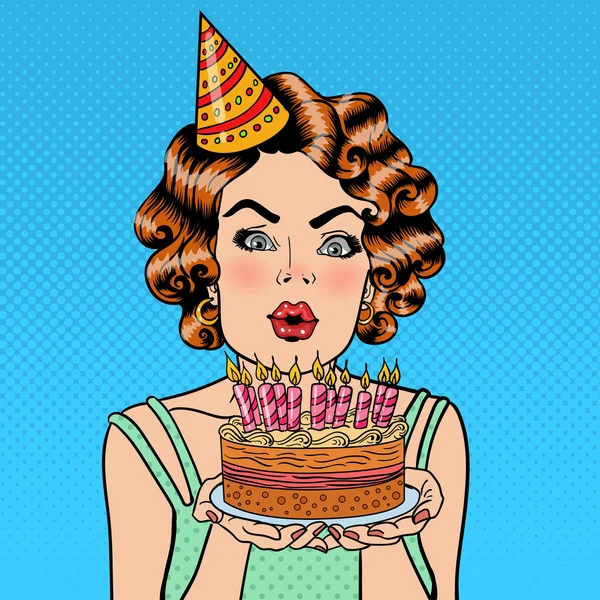 Jolie fille heureuse soufflant des bougies sur le gâteau d'anniversaire et faisant un souhait. Pop Art — Image vectorielle